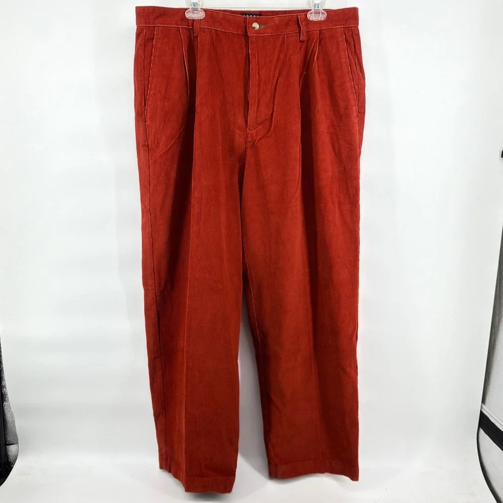 Tommy Hilfiger Vintage 90s Corduroy Pants Mens 38x30 Pleated Rust Orange Crest